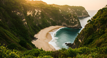 Viewing Tropical Beach and Cliffs from Above at Sunrise