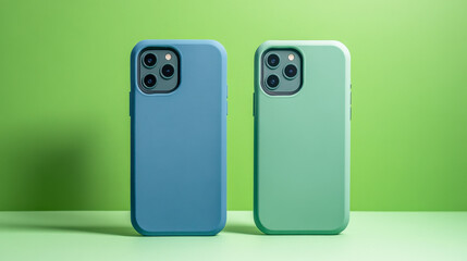 Bright blue and green phone cases arranged side by side on a solid backdrop