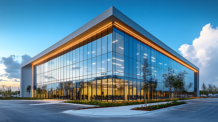 Obraz premium Modern office building exterior with glass facade and parking lot real estate architecture design view