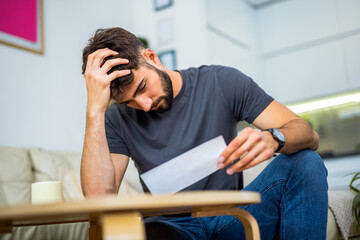 A young bearded man sits in his living room, surrounded by a pile of bills. With a worried...