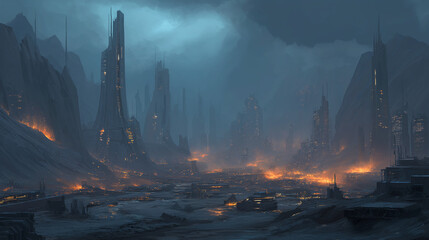 Dystopian World War Landscape with Remnants of Technology and Conflict