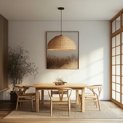 Fototapeta premium Modern dining room with wicker pendant lamp