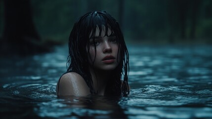 Fototapeta premium Young woman submerged in a forest lake during twilight