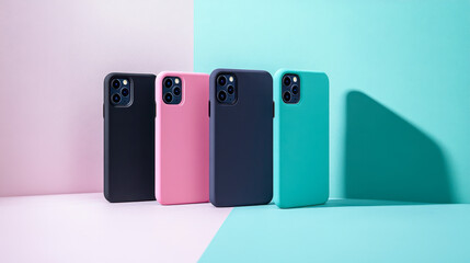 Five stylish phone cases displayed against vibrant solid color backdrops for modern decor