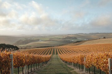 Obraz premium Autumn vineyard rows, rolling hills, scenic landscape, wine country. Use travel, wine industry