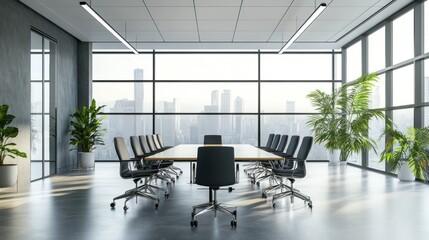 Modern conference room with city view and green plants