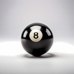 black billiard eight ball with a white circular number, symbolizing precision and strategy. Isolated