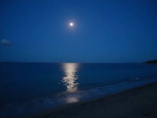 Fototapeta premium A serene beach scene at dusk, featuring moonlight reflecting on calm waters.