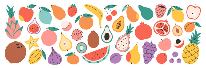 Set of different fruits and berries. Collection of organic vitamins and healthy nutrition. Vector illustration in flat minimal style