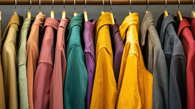A colorful collection of clothing items hanging on a rack.