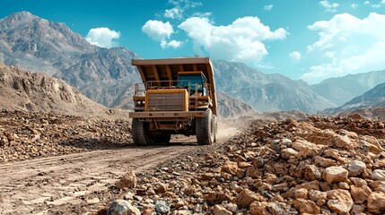 A large yellow mining dump truck traversing a challenging rocky terrain at an active mining nestled among towering mountains under a partly cloudy sky