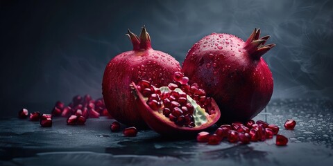 Macro shot of a fresh pomegranate with water droplets splashing. Food and health concept. Close up of fresh fruit or sliced ripe juicy pomegranate with dark background. Vitamin C concept. AIG51.