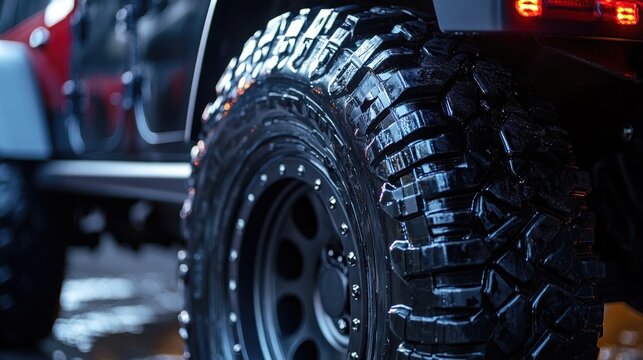 Close-up of rugged tire on off-road vehicle in urban setting