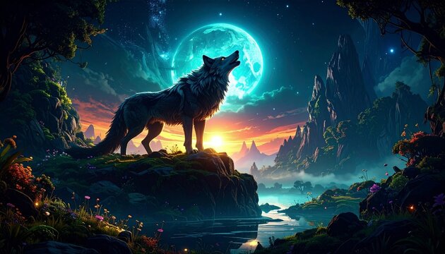 Howling wolf wallpaper, cliff at sunset
