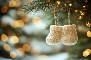 Baby booties hanging on Christmas tree, festive lights bokeh background, holiday announcement