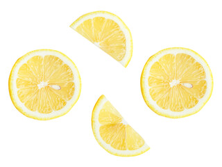 Fototapeta premium Top view set of fresh ripe yellow lemon fruits in halves and slices or quarters isolated with clipping path in png file format