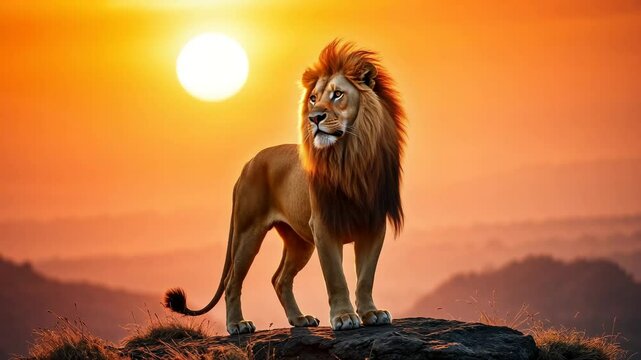 The lion standing smart and looking around , king of savana mood , 4K video.