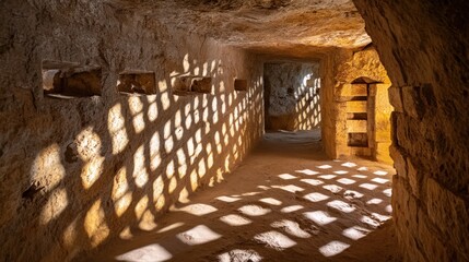 Obraz premium Sunlit, ancient cave passageway
