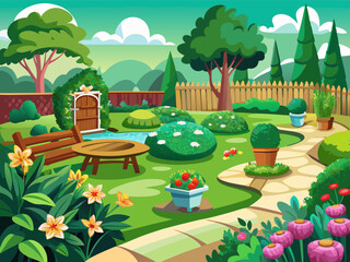 vector of Green garden landscaping design, backyard, flowers, shrubs, mulch