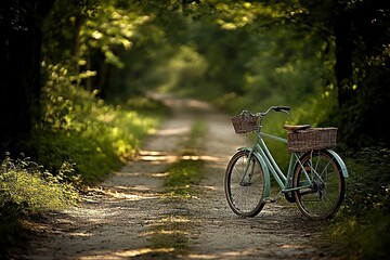 Fototapeta premium Bicycle on a forest path, summer sunlight, idyllic scene, travel poster