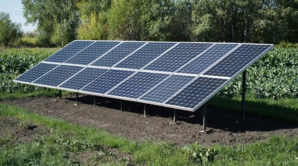 A solar panel array installed in a rural setting with a green field in the background.
