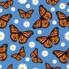 A charming seamless vector pattern featuring bright yellow butterflies and white daisy flowers on a light blue background. Perfect for spring and summer-themed designs.