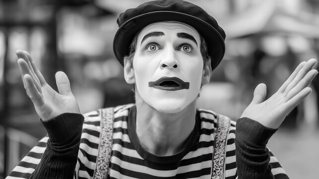 Expressive Mime Performer Gesturing in a Lively Street Setting
