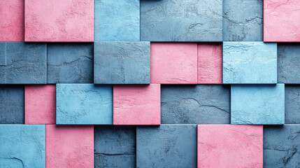 Abstract 3D wall with glossy textured squares and rectangles in bright pastel colors. A modern geometric banner background symbolizing creativity, playfulness, and decorative visual rhythm.

