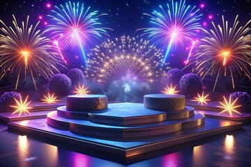 Vibrant Fireworks Display on 3D Podium Festive Celebration Scene