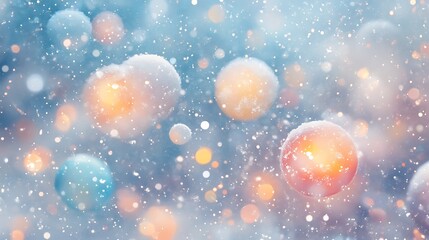 Magical winter scene featuring spheres with soft lighting and falling snow effects