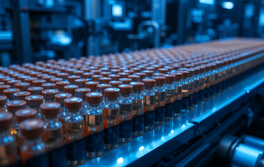 Obraz premium Medicine bottles on production line in pharmaceutical factory