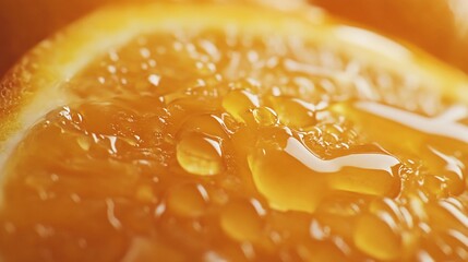 Macro shot of a juicy orange slice with glistening droplets, vibrant color