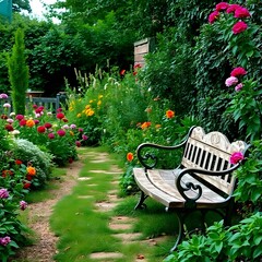 Abstract anime garden path, lush verdant landscape. Sunlight filters through trees. Vibrant flowers line path. Weathered wooden bench in clearing art illustration design