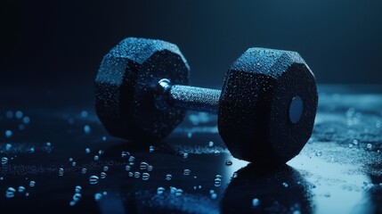 A dumbbell with sweat droplets on it, symbolizing effort and dedication in fitness