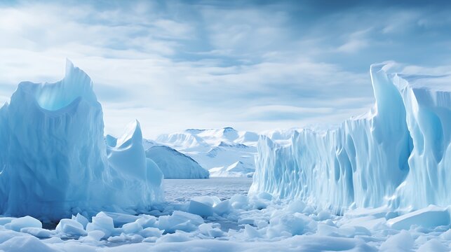 Majestic Icebergs Carved by Nature Stand Tall in the Frozen Arctic Landscape