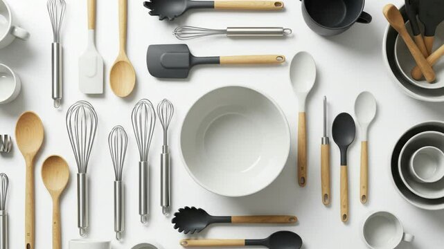 Top view of modern kitchen utensils on a white background, flat lay, high contrast lighting