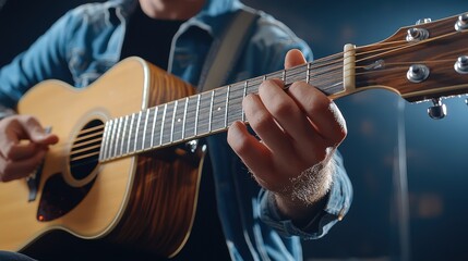 Obraz premium A man is playing a guitar with his left hand