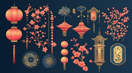Elegant Chinese New Year Illustration with Lanterns and Blossom Elements