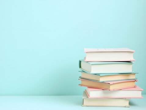 Aesthetic composition of books with paper decoration on a pastel light blue background education and knowledge concept for book lovers.