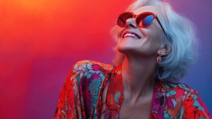 Joyful elderly woman in vibrant attire against colorful background