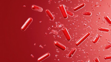 Red capsules floating in a vibrant background with bubbles