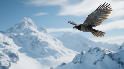 Golden eagle soaring gracefully above snow-covered mountain range scenic view