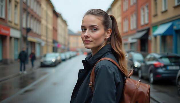 Young woman with light brown hair in a ponytail, wearing a dark jacket and a brown backpack, standing on a wet street, created with generative ai