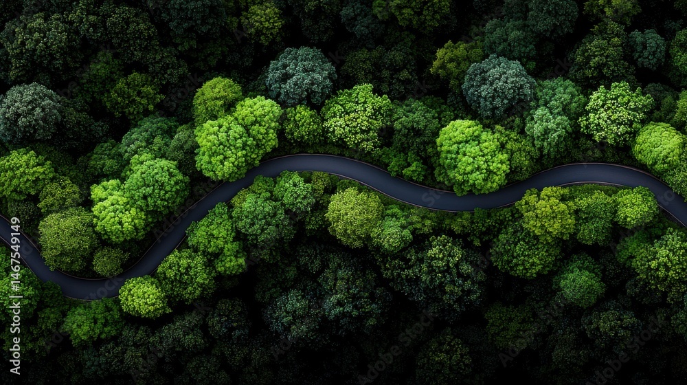 Poster a winding road through a forest with trees on both sides