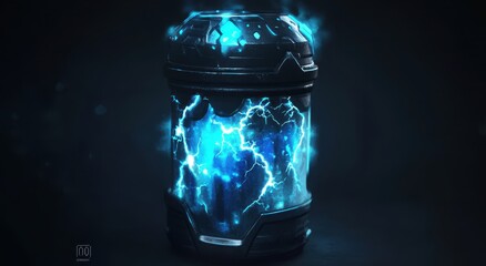 Glowing blue energy contained within a dark, metallic cylindrical container, sparks and light emanate