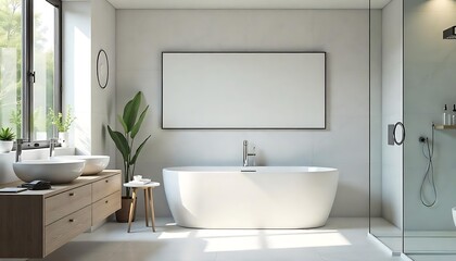 Fototapeta premium Stylish bathroom interior with glass shower and sink, window. Mockup frame, created with generative ai