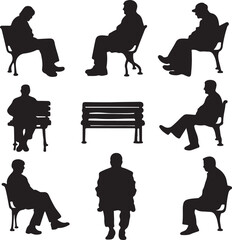 Silhouettes of People Sitting on Park Benches: Black and White Vector Illustration