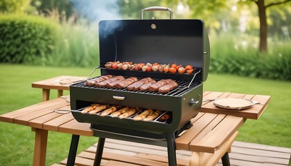 BBQ stove with wooden table and on top BBQ Pisces , in Tray in summer background with the blurred green garden and picnic background, created with generative ai