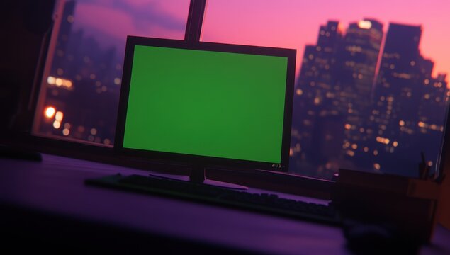 A computer monitor with a green screen sits on a desk, overlooking a city at sunset.  The image is in a muted purple and pink color palette