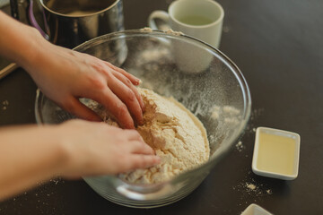 Cooking homemade pizza. Female hands making dough, adding sauce and ingredients.